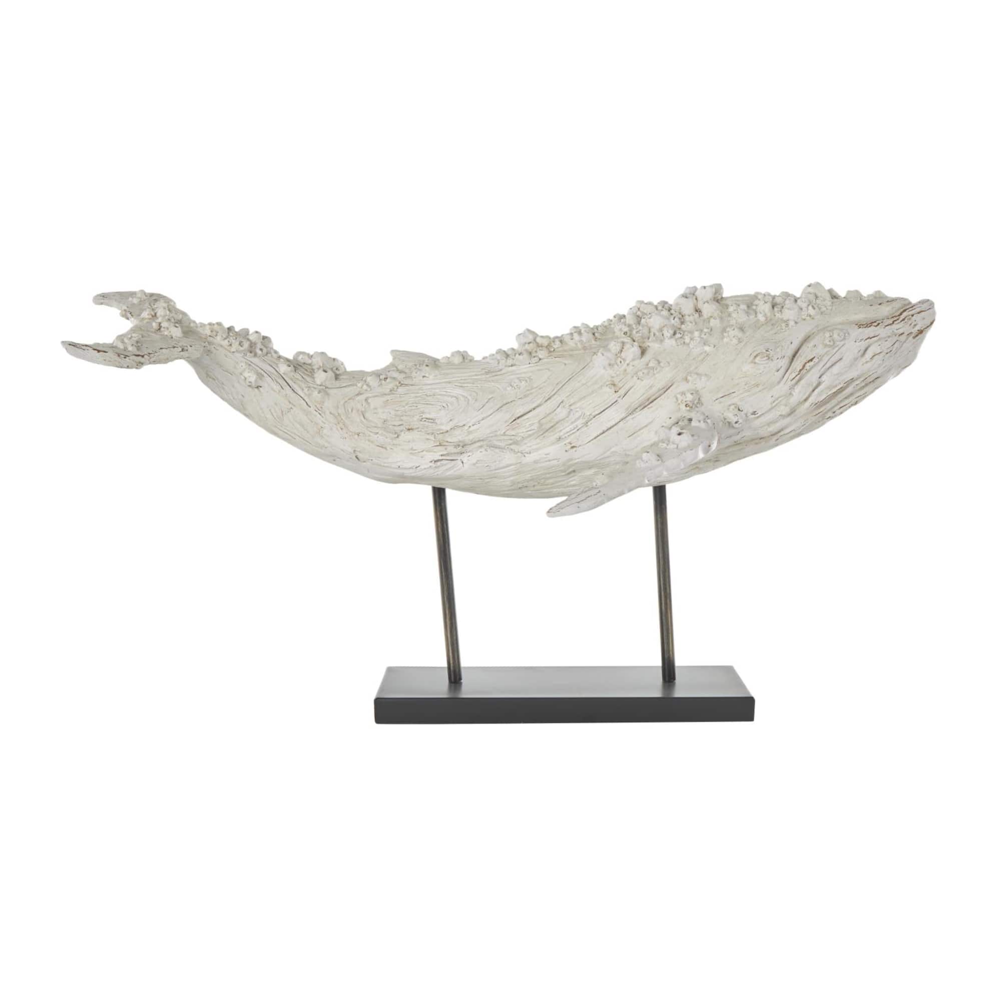 32" Cream Polystone Whale Sculpture with Brown Distressing & Black Metal Stand